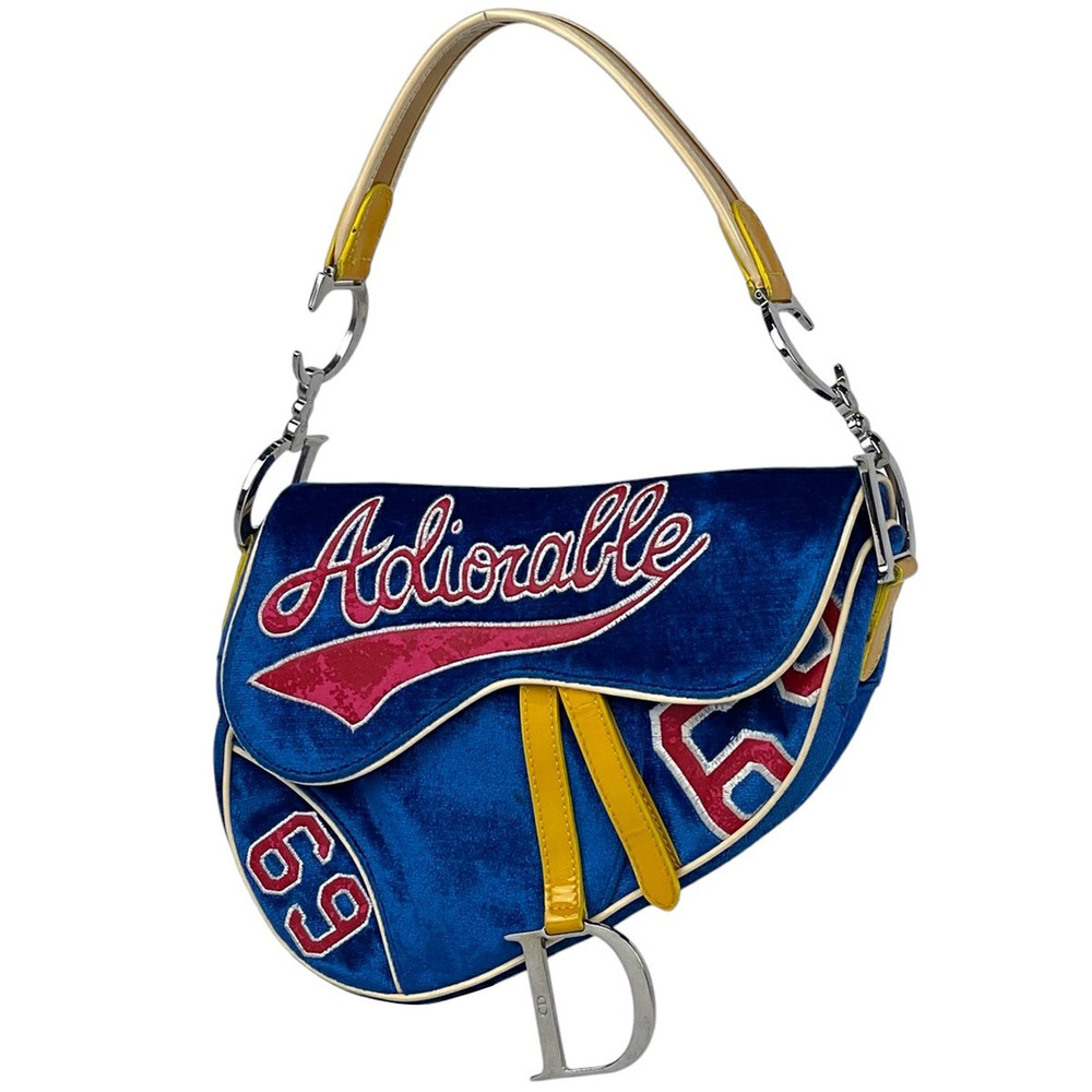 Christian Dior Saddle Bag Adiorable Hobo Velour Blue Red Yellow